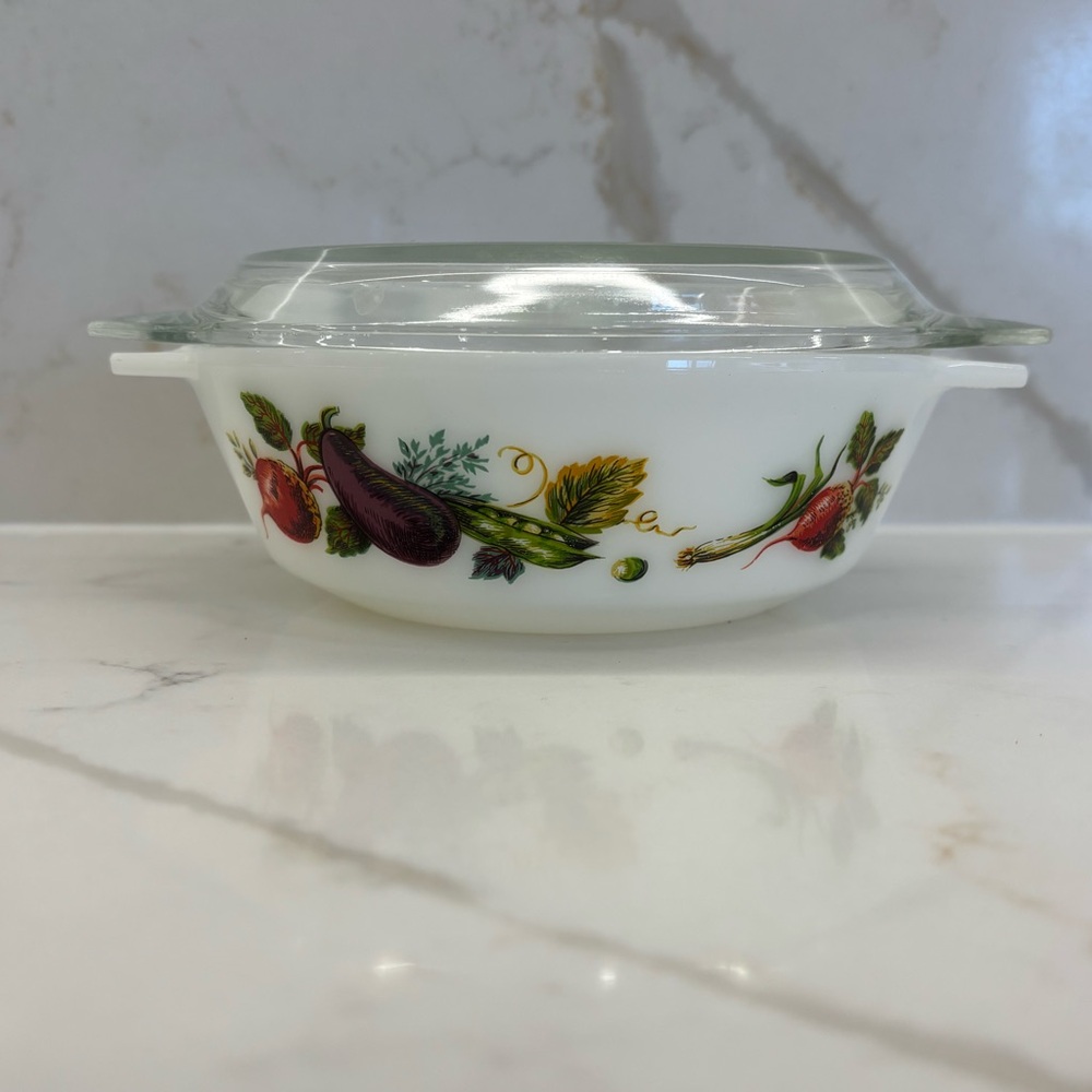 Vintage Pyrex England JAJ Harvest Vegetables Small Casserole Dish Glass Lid